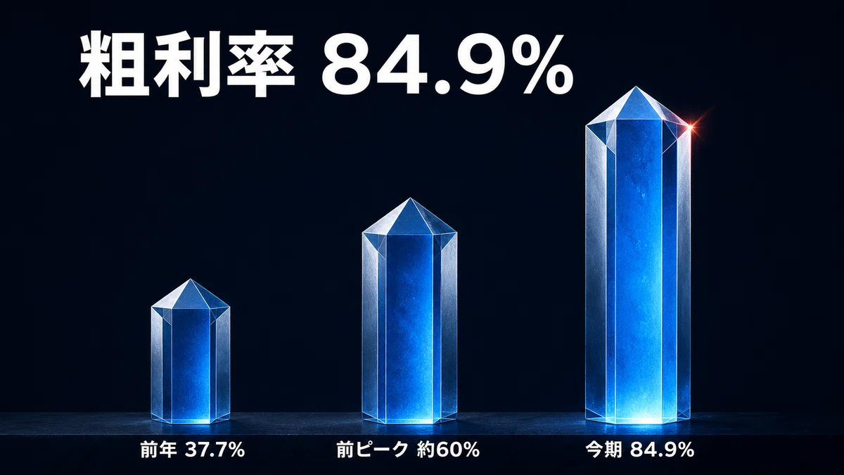 粗利率の跳躍:前年同期37.7%から今期84.9%へ、前ピークの約60%も超えた