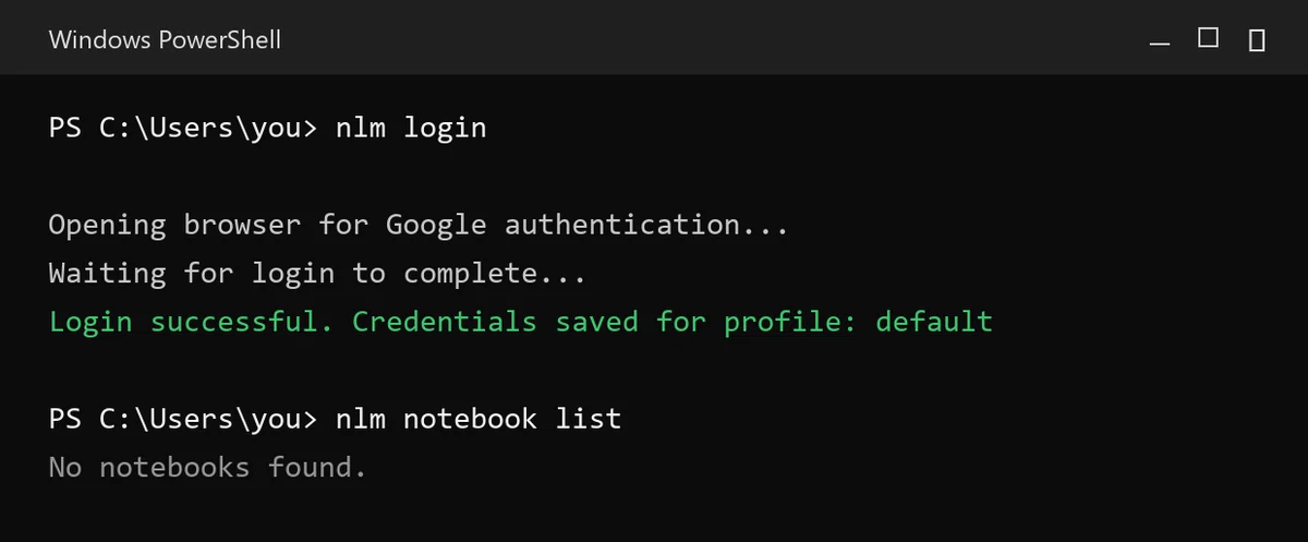 Step 5 実行後：nlm login 成功時のターミナル表示の例