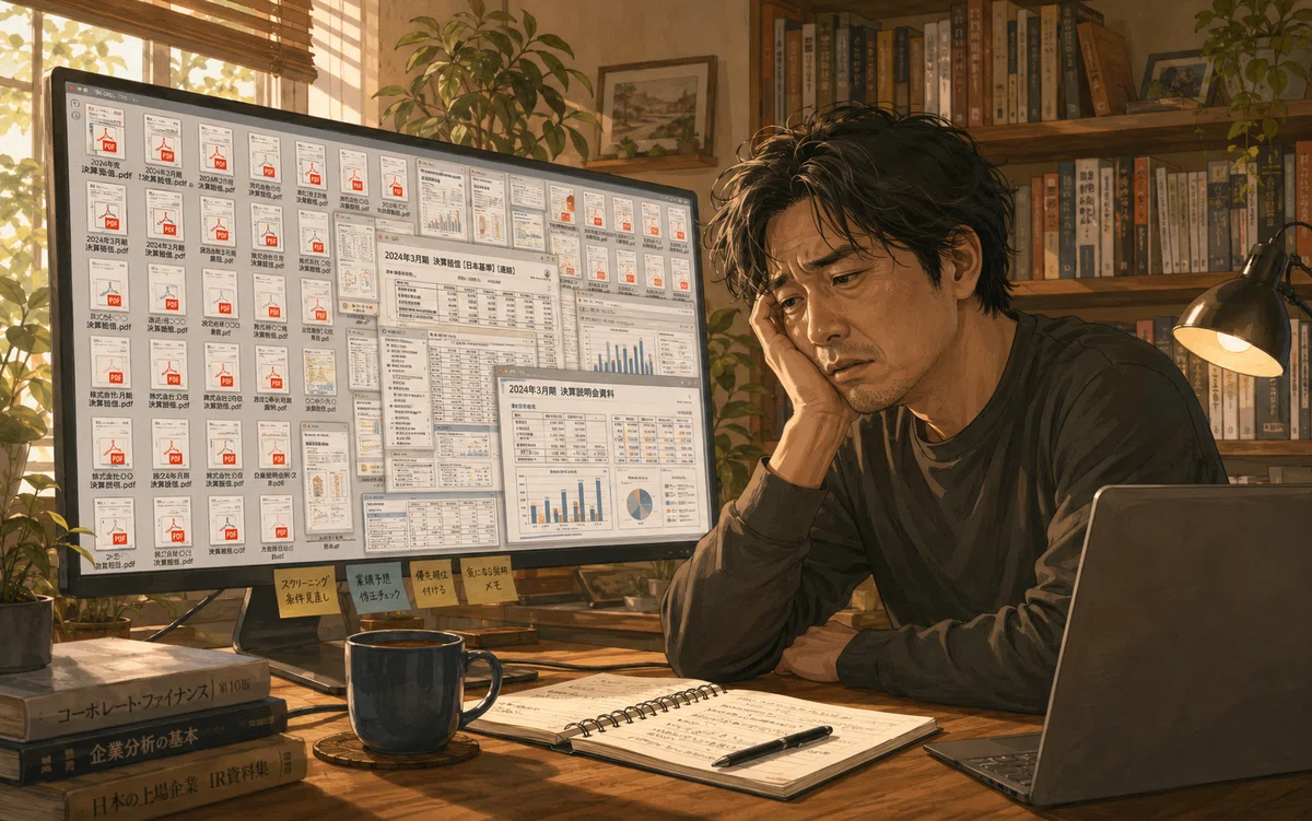 大量の IR 資料に埋もれて手が回らず困っている個人投資家のイラスト
