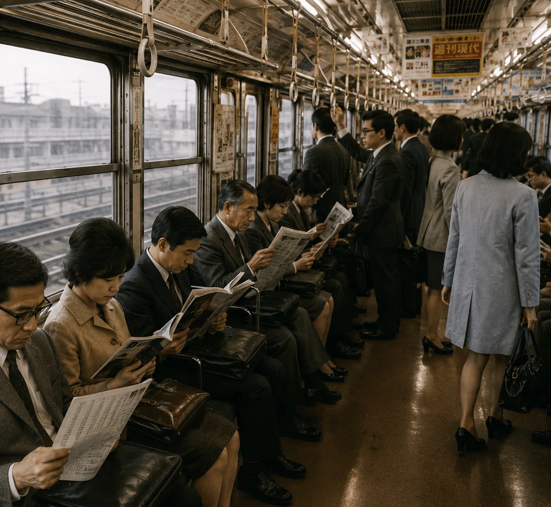 1970年頃の電車通勤のイメージ（AIによる生成）