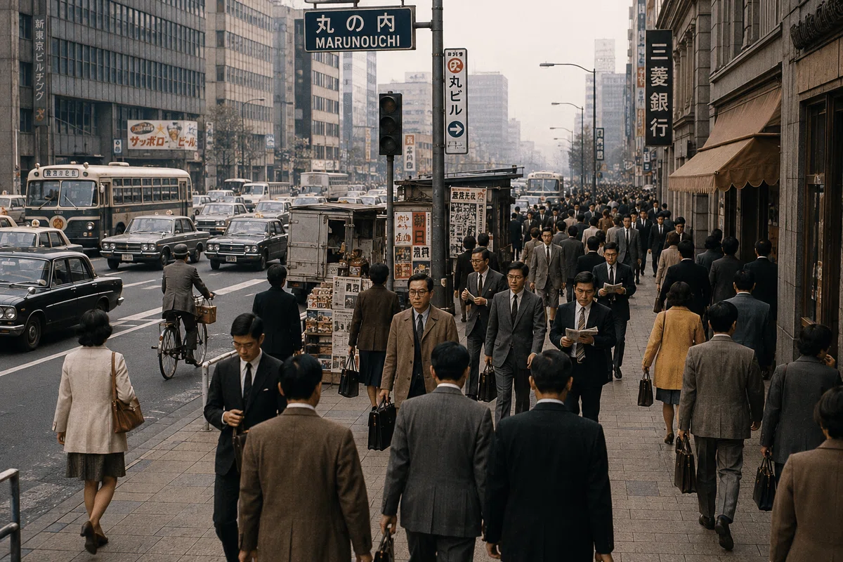 1970年頃の丸の内の朝の様子のイメージ（AIによる生成）
