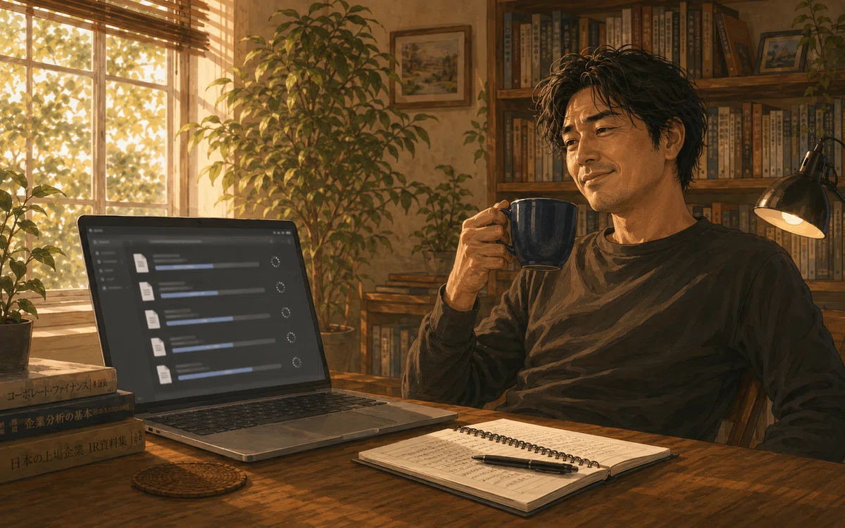 IR 資料の自動投入を放置で待つ間、くつろぐ男性のイラスト