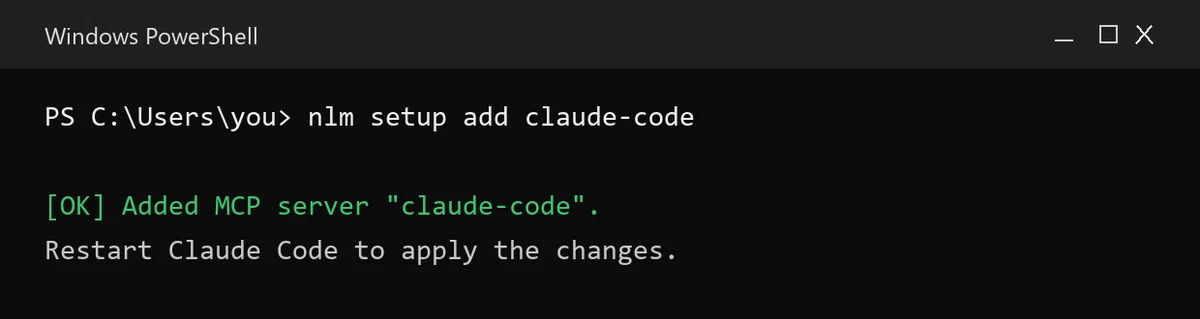nlm setup add claude-code を実行して Claude Code に接続を追加するターミナル表示の例