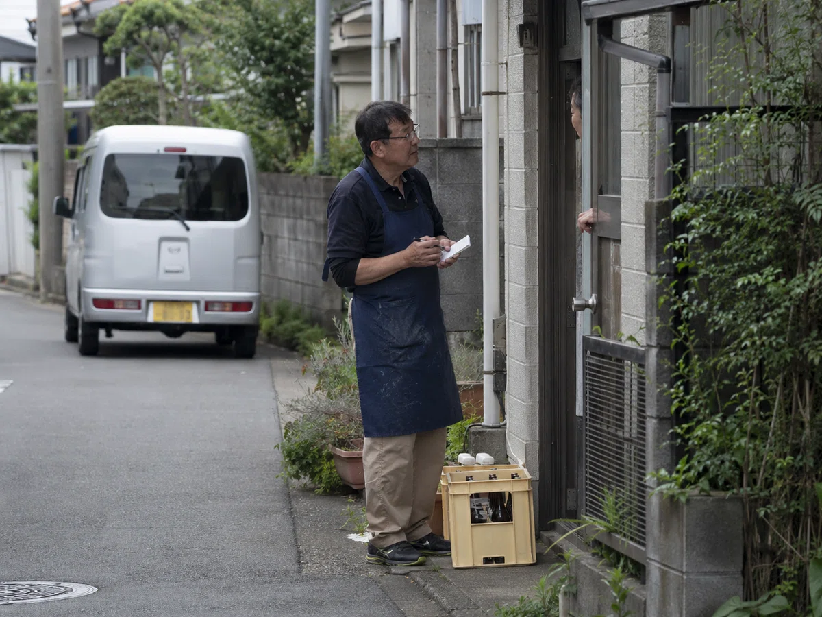舟入町の住宅街の路地で、酒店の店主とみられる中年男性が、住宅の勝手口付近で住人と短く応対している。男性は使い込まれた紺色の前掛けを着け、手元に注文用のメモ帳とペンを持っている。足元には酒瓶の入ったケースが置かれ、背後の生活道路には白い軽バンが停まっている。男性はカメラ目線ではなく、住人の話を聞きながら注文を書き留めているように見える。道路側から少し離れて撮影された、御用聞き中の人物記録写真のように見える。