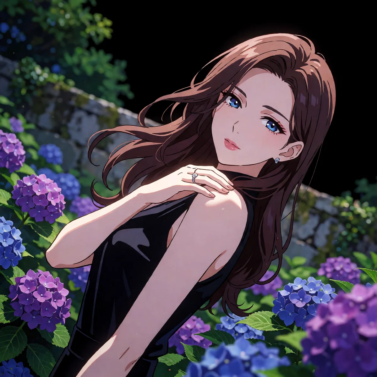 黒い服の女性が紫陽花に囲まれた中でこちらを見ているアニメイラスト