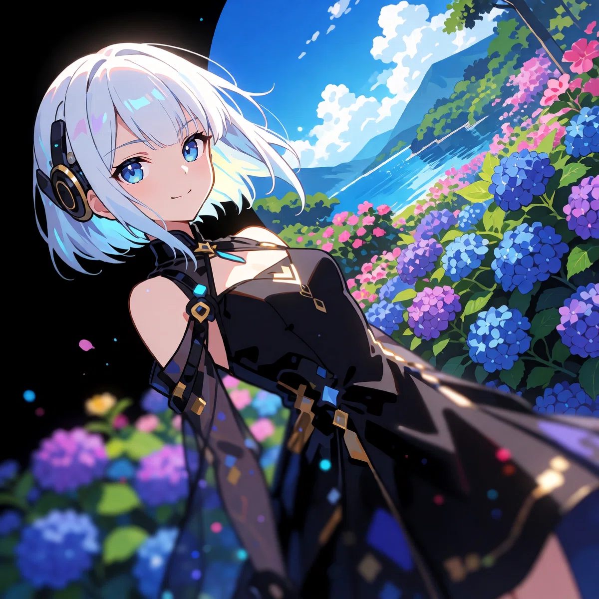 黒い服を着た少女が紫陽花に囲まれて微笑んでいるアニメイラスト