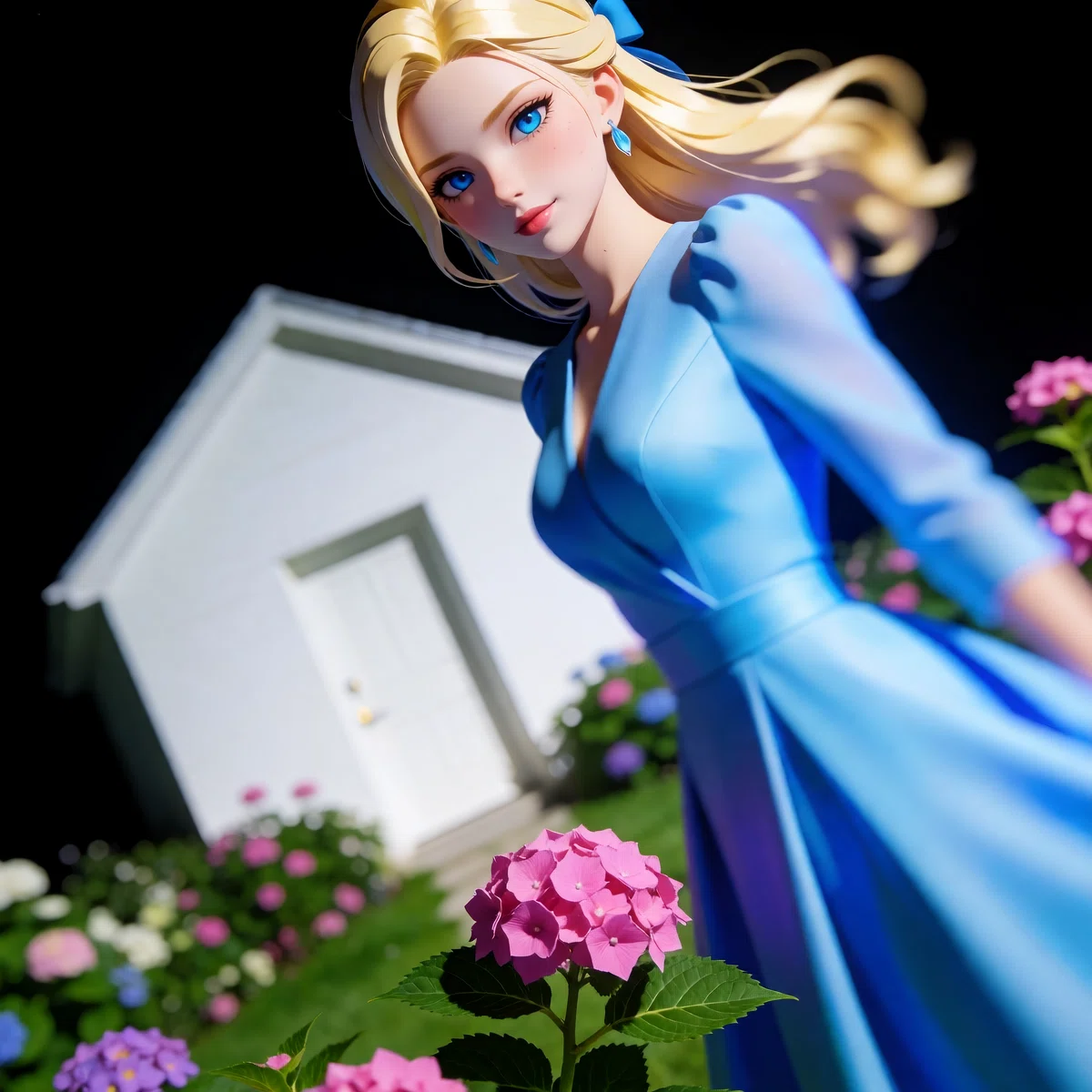 青い服を着た女性が庭に立っているフィギュアのイラスト