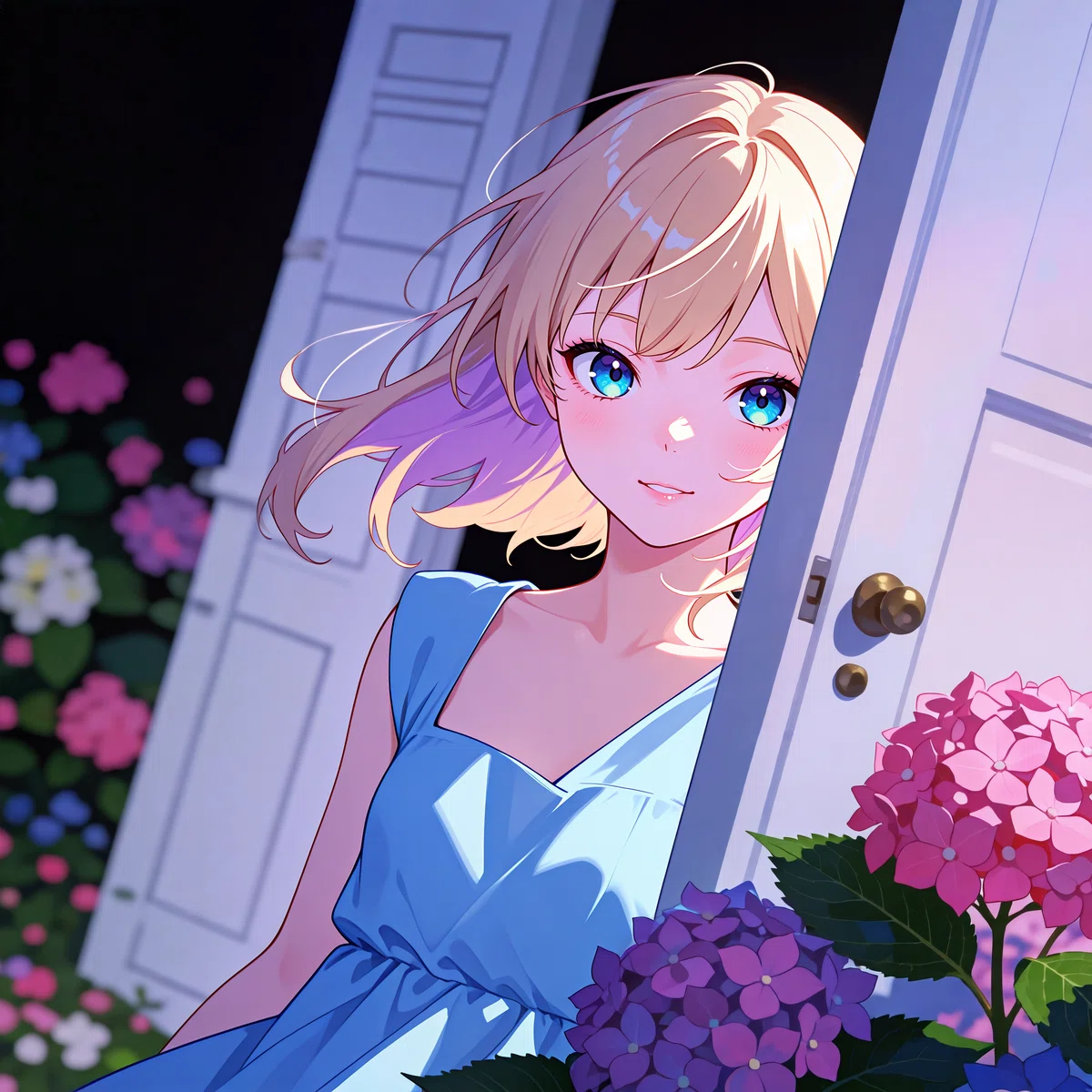 白い服の女性が紫陽花に囲まれて白い扉を開いているアニメイラスト