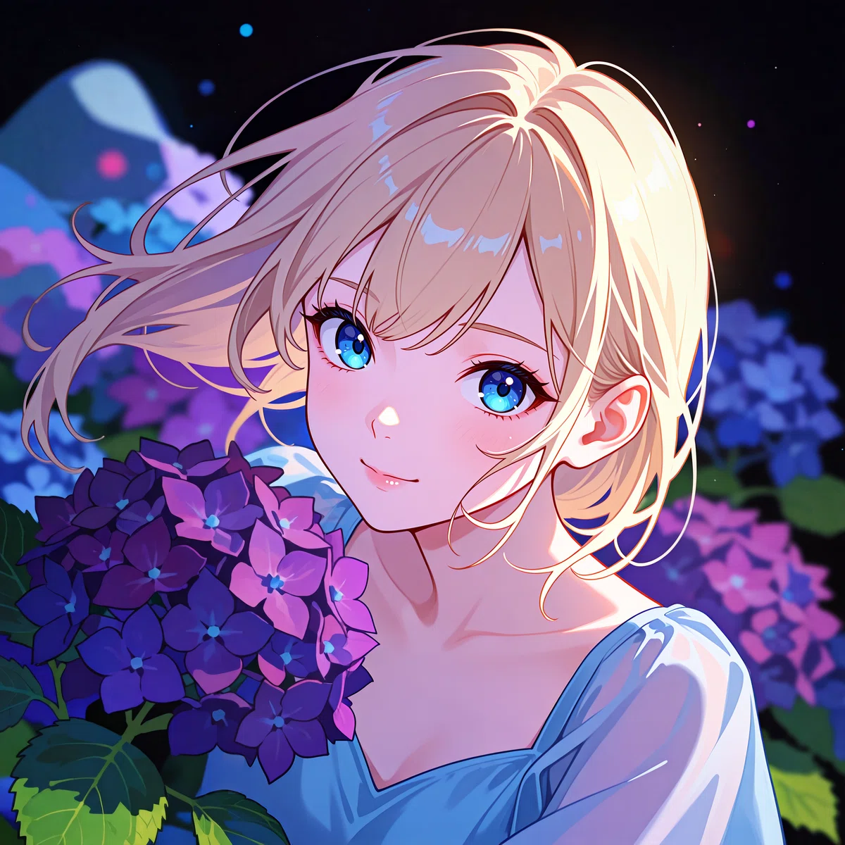 白い服の女性が紫陽花に囲まれて座っているアニメイラスト