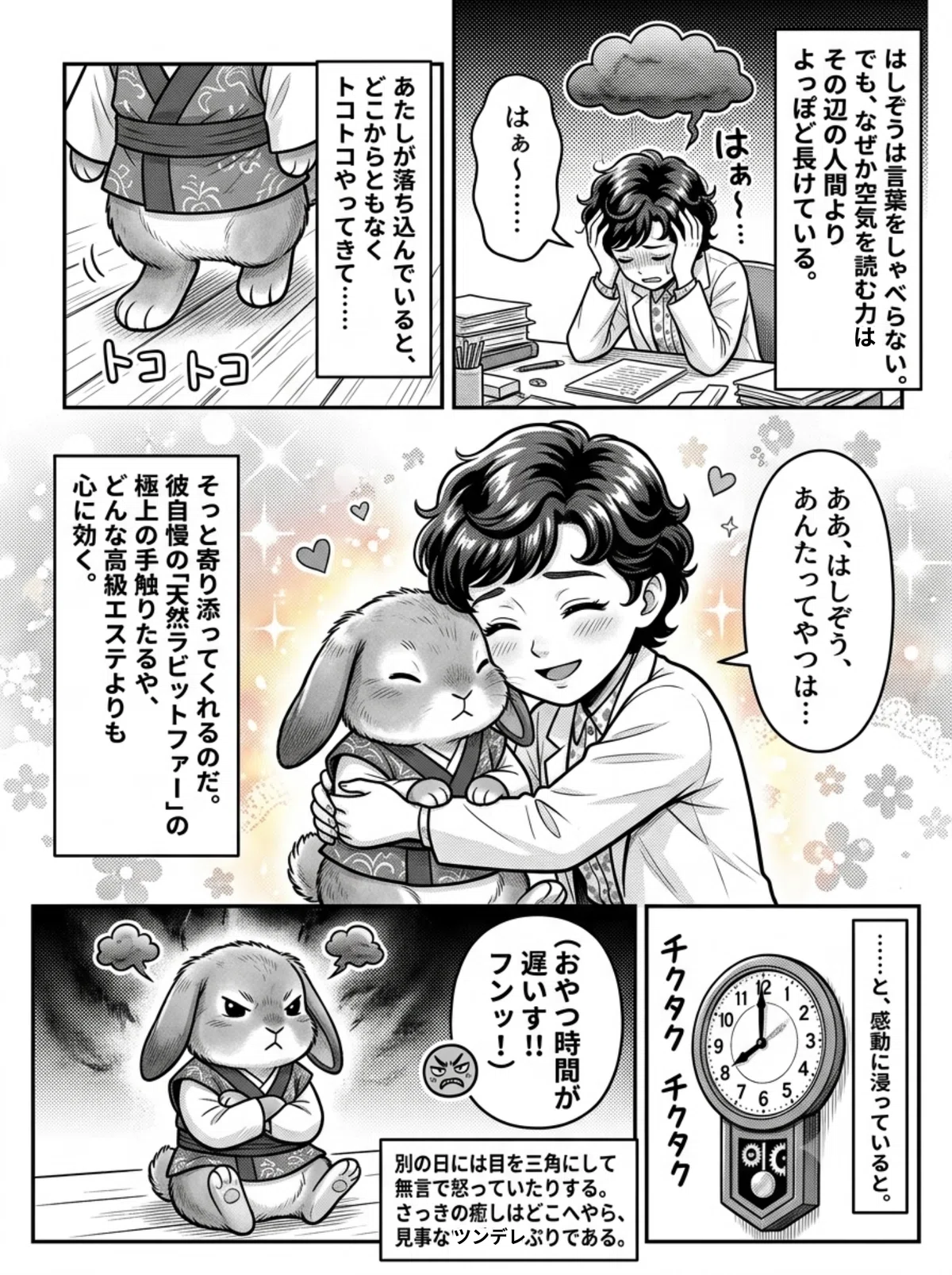 机で落ち込んでため息をつく女性(幸来子)。その様子を見て、和装のうさぎ(はしぞう)がトコトコと歩み寄ります。女性ははしぞうを抱きしめ、ハートマークや花が舞う中で癒されます。「極上の手触り」と「天然ラビットファー」というテキストが添えられています。しかし、時間が経ち(時計は8時を指す)、はしぞうは腕組みをして不機嫌そうな表情を浮かべています。「おやつ時間が遅いっす!」と怒っている様子です。