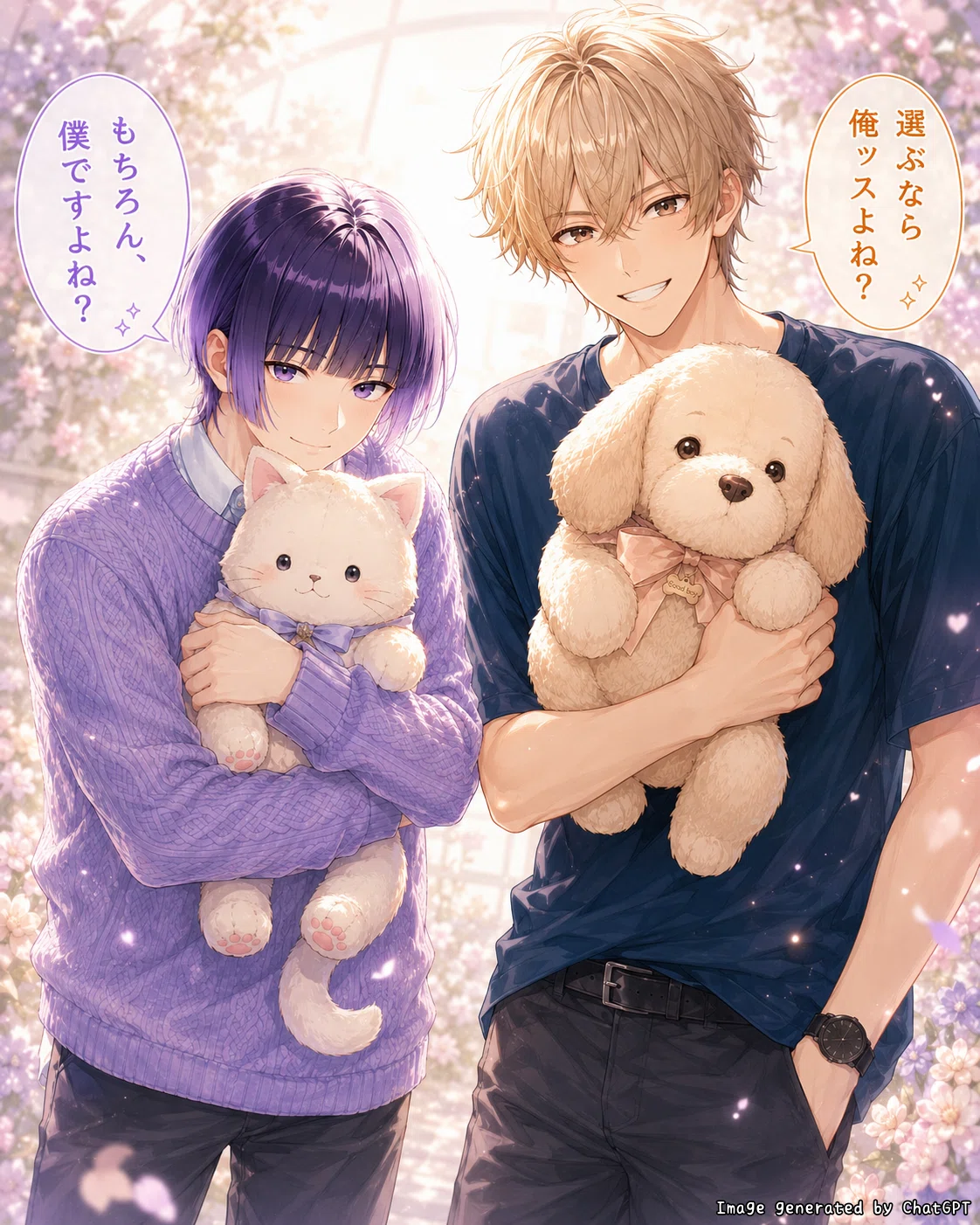 二人の後輩がぬいぐるみを持って見つめているイラスト