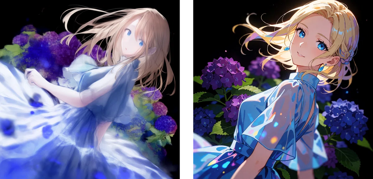 Krea-2-Raw と Krea-2-Turbo で生成したアニメイラストの比較、Kra-2-Raw は全体がボケていて未完成
