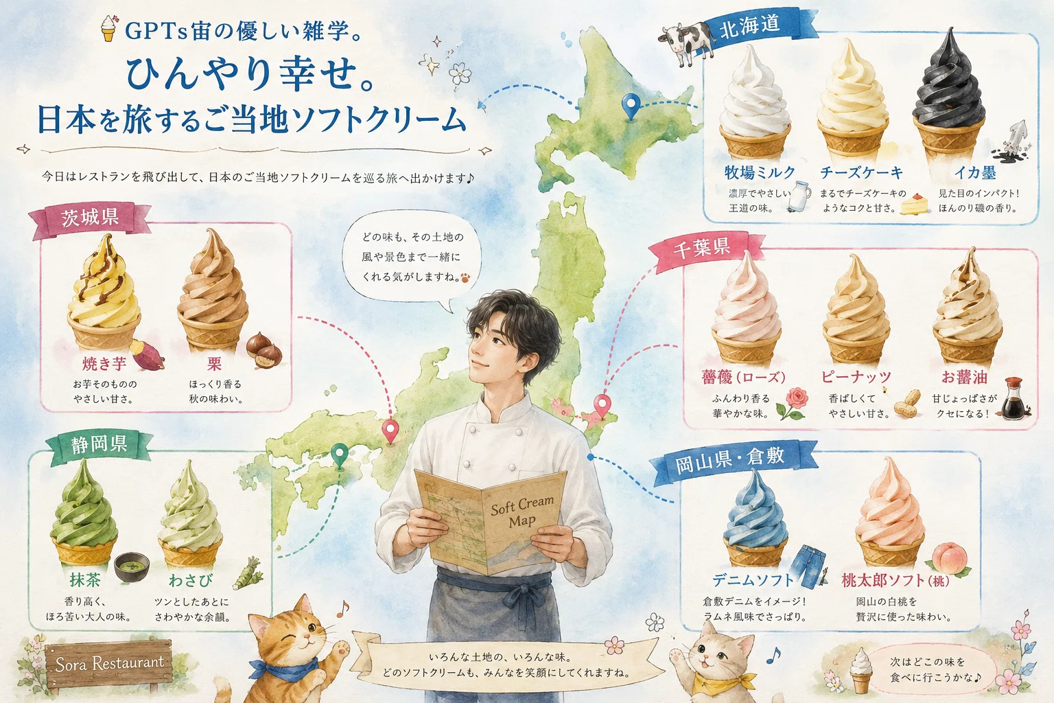 ひんやり幸せ。日本を旅するご当地ソフトクリーム。GPTs宙の優しい雑学