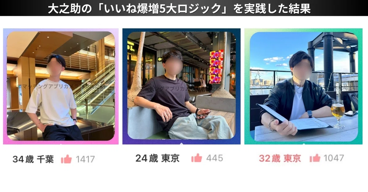 東京でマッチングアプリのプロフィール写真撮影と5大ロジックを使っていいねが増えたお客様３人のいいね数の実績