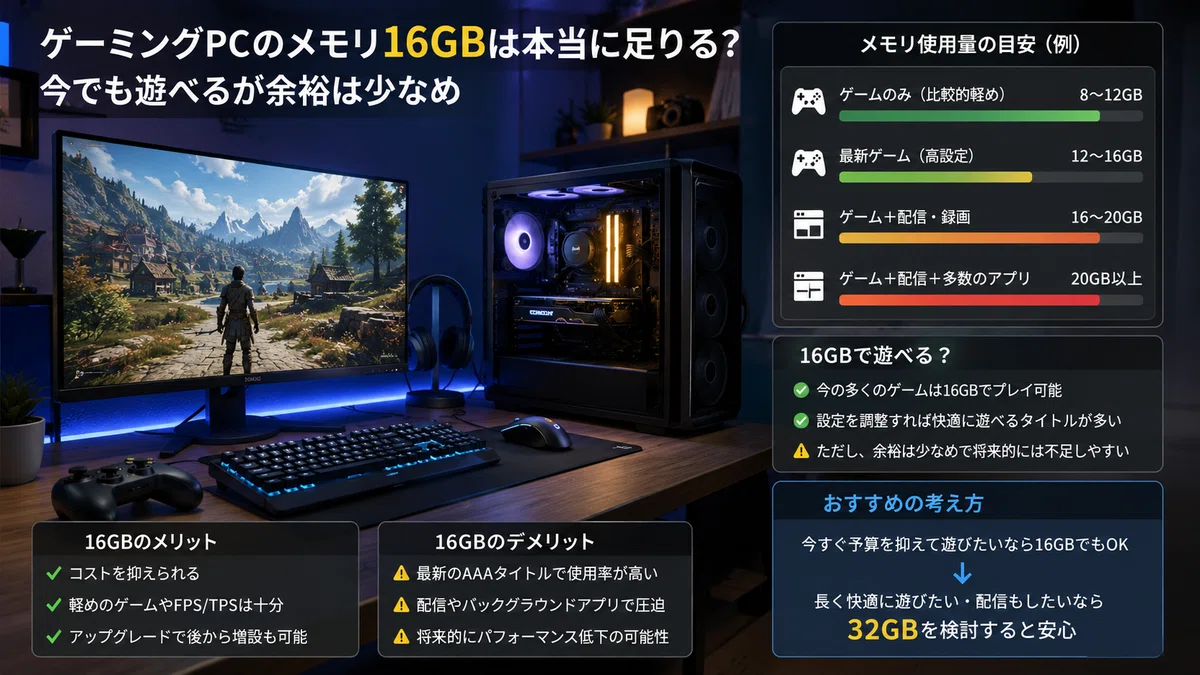 ゲーミングPCのメモリ16GBは本当に足りる?今でも遊べるが余裕は少なめ