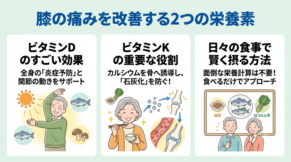 ビタミンDとビタミンKの働きを説明する図解