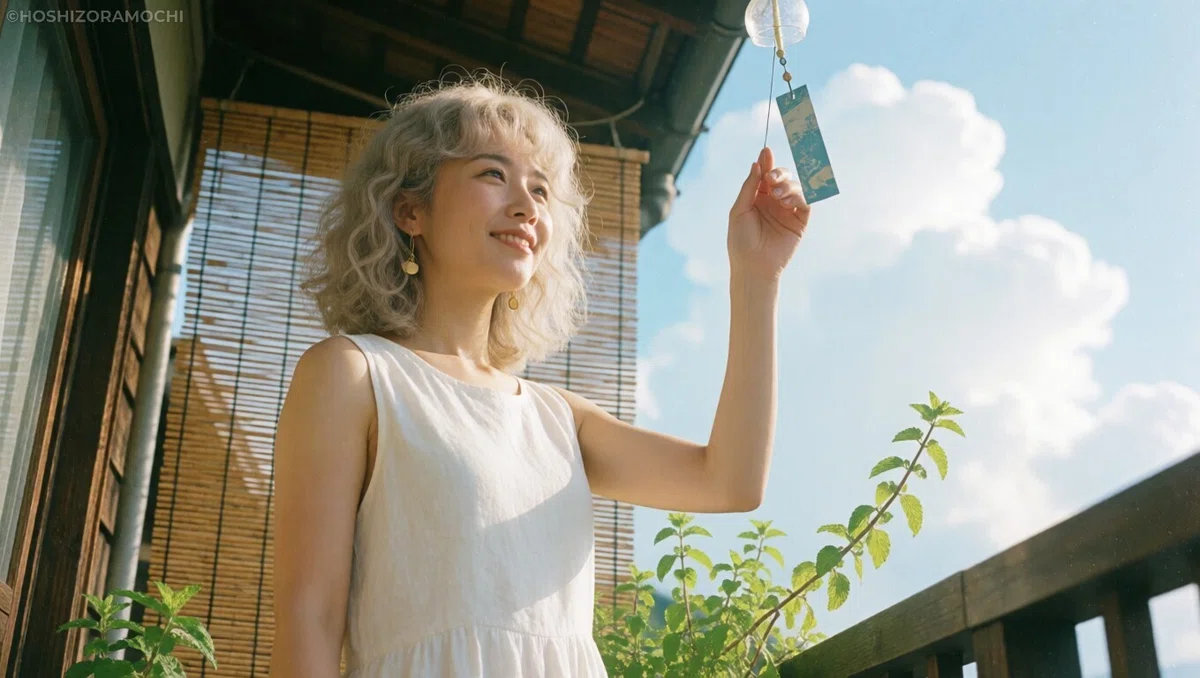 青空と大きな入道雲が広がる夏のベランダで、軒下に吊るされた風鈴の短冊に優しく手を添えながら、涼しげな笑顔で遠くを見つめる白のノースリーブワンピース姿の金髪ウェーブヘアの女性