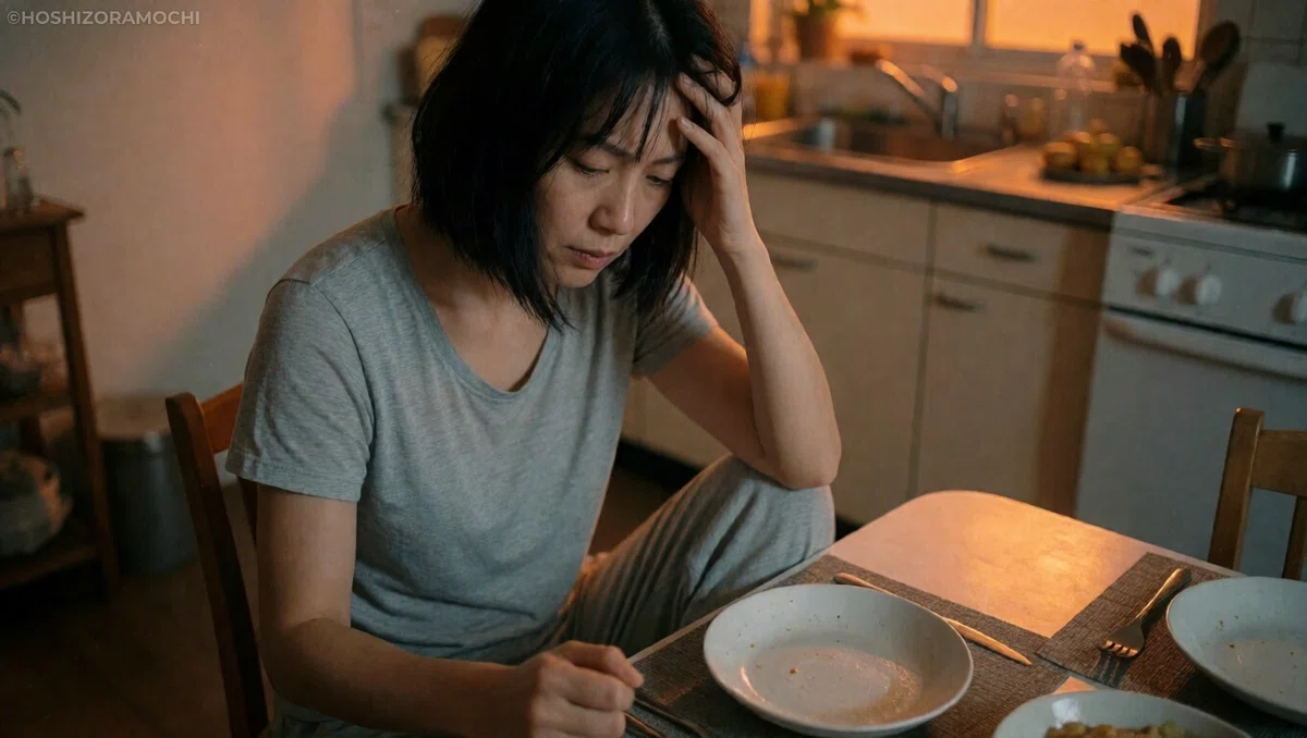 夕暮れ時の薄暗いキッチンダイニングで、食べ終えた空の皿を前に、片手で額を押さえながら疲れ切った深刻な表情でうつむくグレーのTシャツ姿の女性