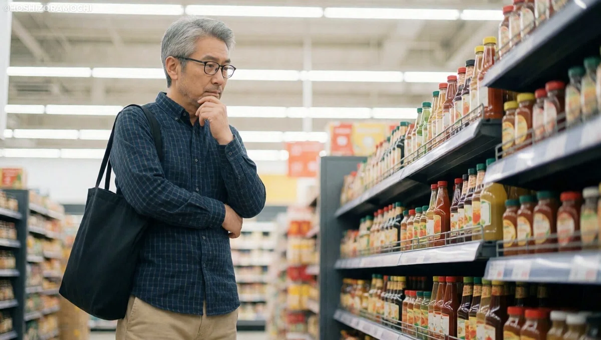 スーパーの調味料売り場で、棚に並んだ多数のソースやボトルの商品を前に、片手をあごに当てて真剣に悩みながら品定めをするエコバッグを肩にかけたメガネ姿のシニア男性
