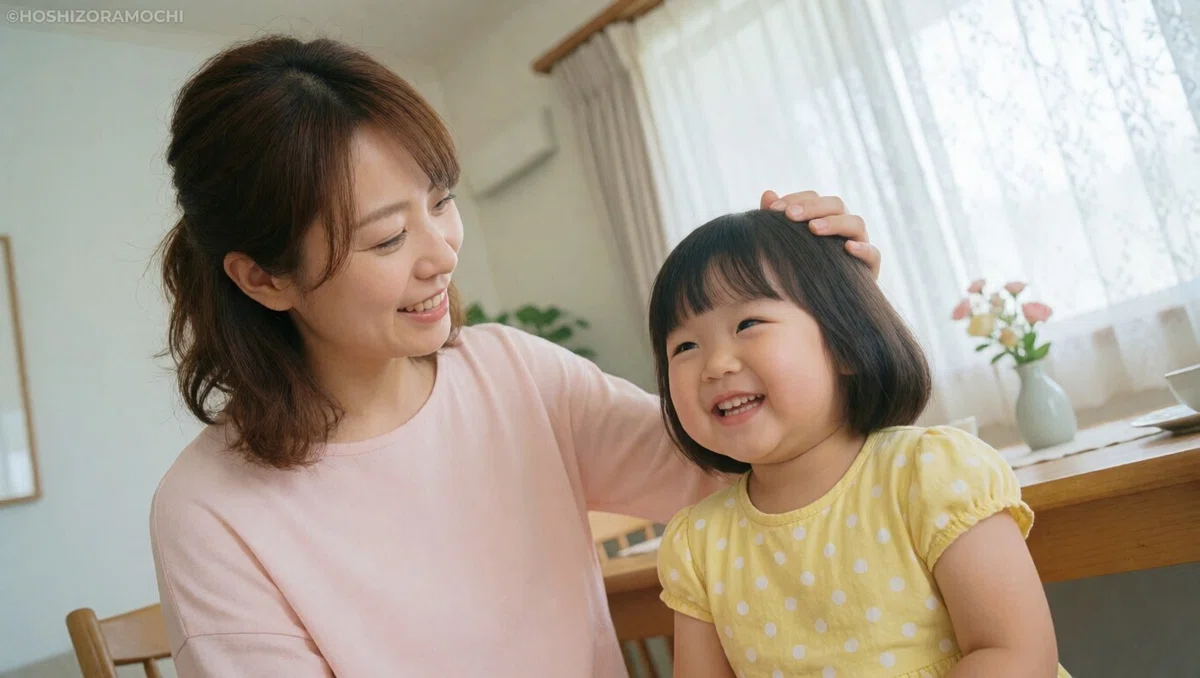 明るいリビングのダイニングテーブル席で、女の子の頭に優しく手を置きながら愛おしそうに見つめるピンクの服を着た母親と、弾けるような満面の笑顔を見せる黄色いドット柄トップスの小さな女の子