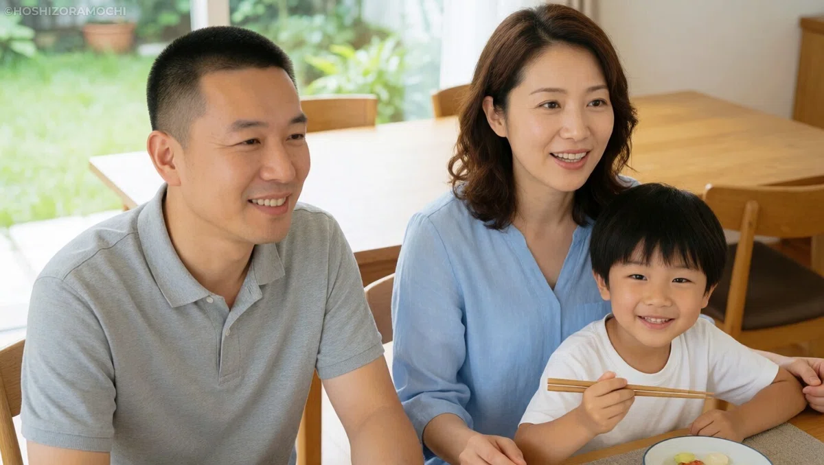 明るい庭が見えるダイニングルームの食卓で、箸を手にした男の子を挟みながら、和やかな笑顔で同じ方向を見つめるグレーのポロシャツ姿の父親と水色のシャツ姿の母親の3人家族