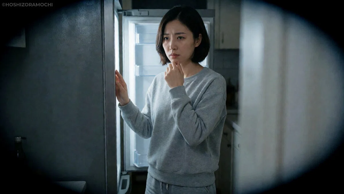 薄暗い部屋で開けた冷蔵庫の白い明かりに照らされながら、片手をあごに当てて何かを心配するように困惑した表情で佇むグレーのスウェット姿の女性