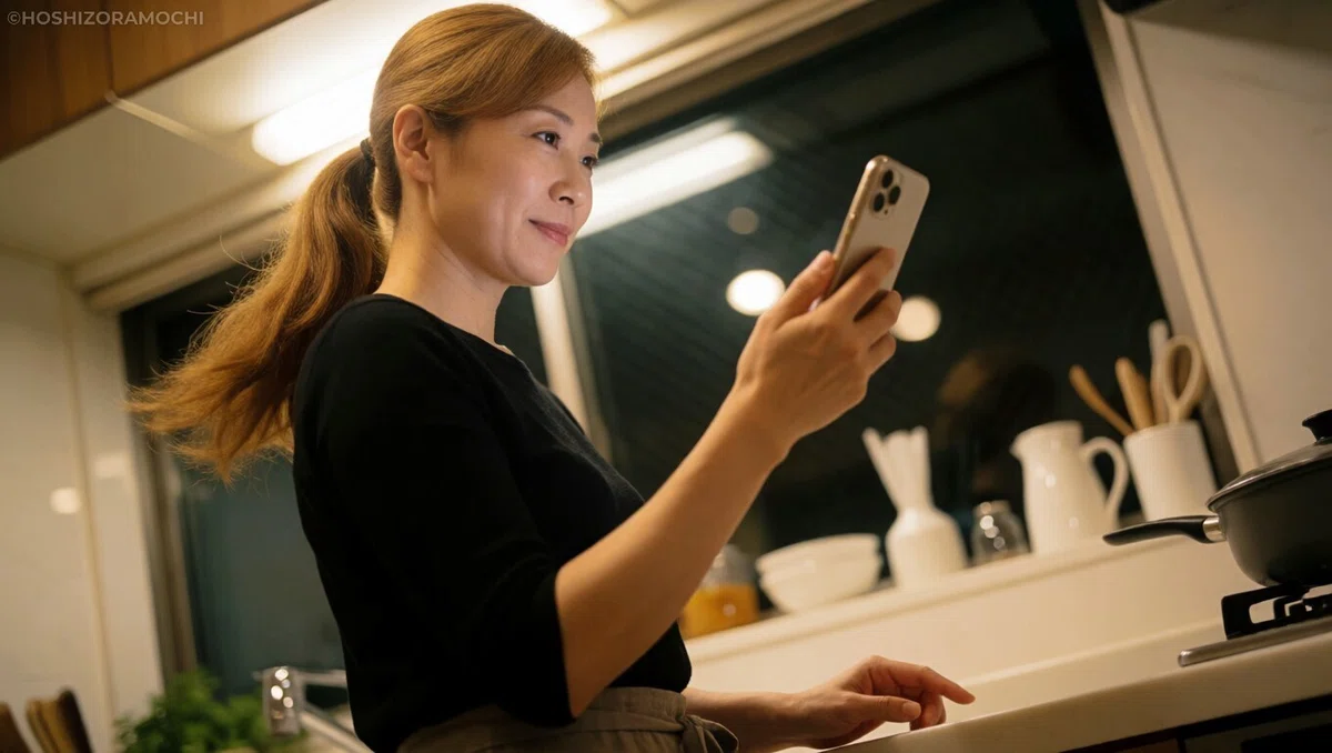 夜のキッチンで、鍋をかけたコンロの前に立ち、スマートフォンを片手に持ちながら微笑むポニーテール姿の黒い服を着た女性