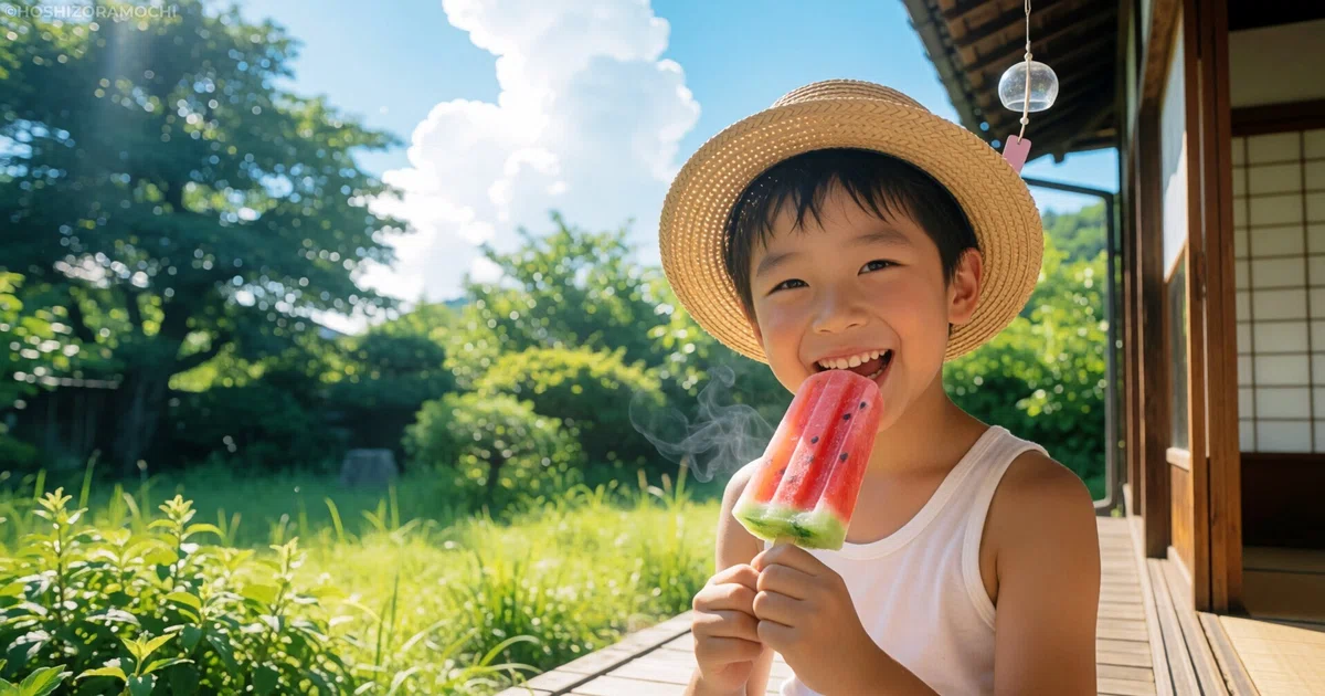 夏の強い日差しが降り注ぐ緑豊かな日本家屋の縁側で、麦わら帽子と白いタンクトップを身につけた男の子が、スイカの形をしたアイスキャンディーを嬉しそうに食べながら、満面の笑顔で正面を見つめている様子。軒下には風鈴が吊るされ、背景には青空と白い雲が広がっている