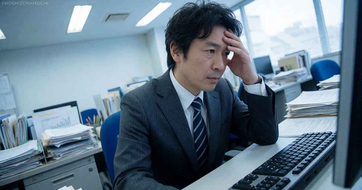 書類やパソコンが雑然と置かれたオフィスで、グレーのスーツとネクタイを着用したミドル世代の男性会社員が、パソコンの画面を見つめながら左手で頭を抱え、疲れ切った厳しい表情で悩んでいる様子