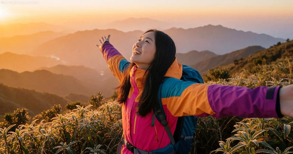 夕暮れ時の美しい山頂で、ピンク、オレンジ、紫のカラフルな登山ウェアを着てリュックを背負ったロングヘアの女性が、目の前に広がる幾重にも重なる山並みを見渡しながら、両手を大きく広げて達成感に満ちた笑顔で空を見上げている様子