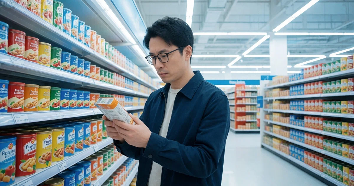 明るく清潔なスーパーマーケットの缶詰や食品が並ぶ棚の通路で、メガネをかけネイビーのジャケットを着た若い男性が、棚から手に取った商品のパッケージ裏面にある原材料や栄養成分表示のラベルを真剣な表情で熟読している様子
