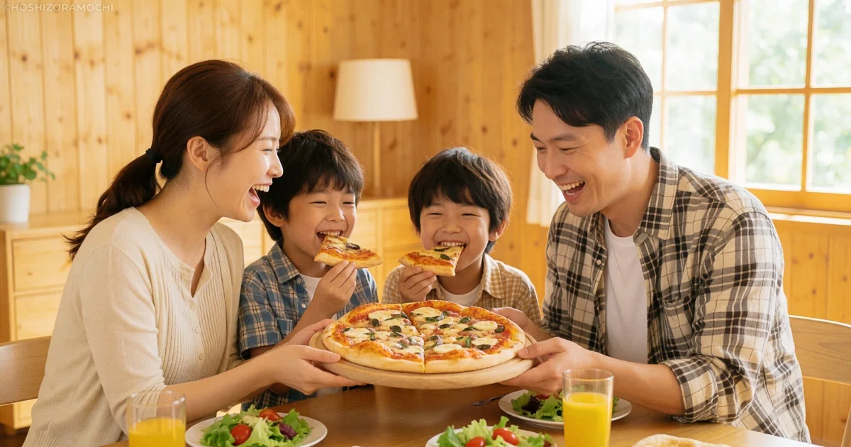 木目が温かいリビングのダイニングテーブルを囲み、チェック柄のシャツを着た父親とベージュの服を着た母親が丸いピザのボードを両側から支え、中央にいる2人の男の子の兄弟がカットされたピザを嬉しそうに口に運びながら、家族4人で満面の笑顔でホームパーティーを楽しんでいる様子。手前のテーブルにはサラダやオレンジジュースが並んでいる