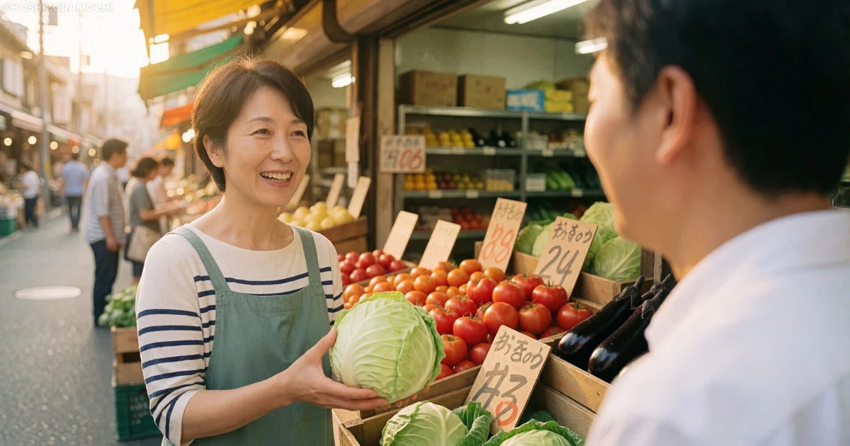 活気ある昔ながらの商店街の八百屋の店頭で、緑色のエプロンとボーダー柄のシャツを着た笑顔の女性店員が、丸ごとの新鮮なキャベツを両手で持ちながら、手前に立つ男性客と親しげに会話を交わして接客している様子。背景の木箱にはトマトやナスなどの野菜が並び、手書きの値札が添えられている