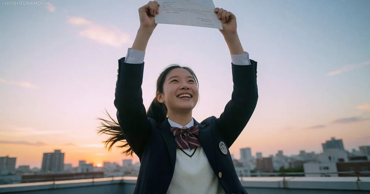 夕暮れ時の街並みが見渡せる学校の屋上で、紺色のブレザーとリボンの制服を着てポニーテールにした女子生徒が、合格通知書や卒業証書のような白い書類を両手で高く掲げながら、達成感と喜びに満ちた満面の笑顔で空を見上げている様子