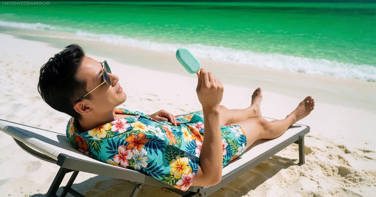 エメラルドグリーンの美しい海と白い砂浜が広がるビーチで、鮮やかなハイビスカス柄のアロハシャツを身にまといサングラスをかけた男性が、ビーチチェア(リクライニングベッド)に横たわりながら、ミントグリーンのアイスキャンディーを右手に持ってリラックスしている様子