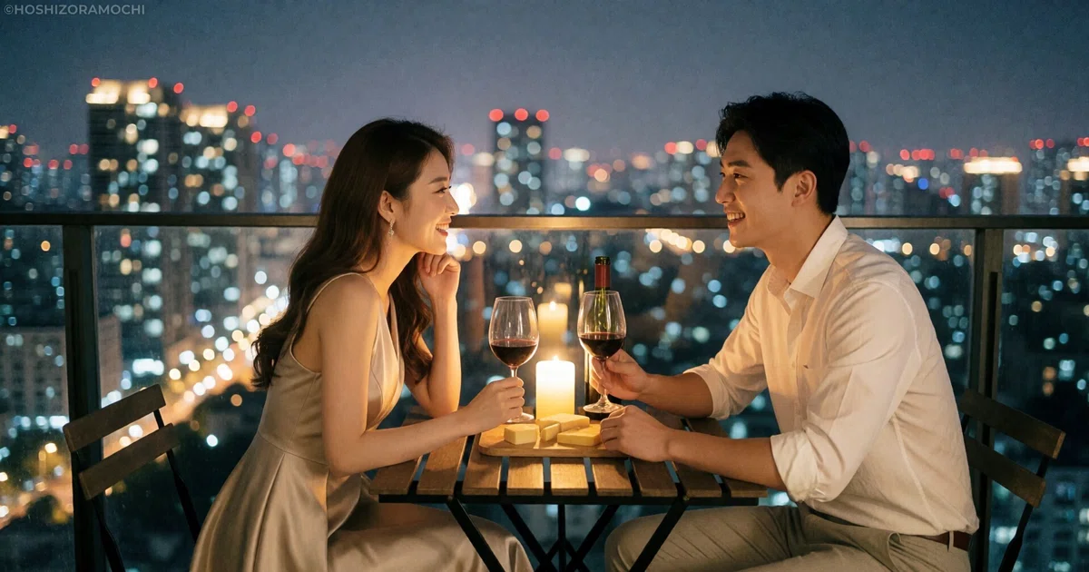 煌びやかな都会の夜景が一面に広がる高層ビルのバルコニーで、上品なドレスを着たロングヘアの女性と白いシャツを着た男性が木製の小さなテーブルを挟んで座り、キャンドルの優しい光に照らされながら、右手に赤ワインのグラスを持って微笑み合い、ロマンチックなディナーデートを楽しんでいる様子