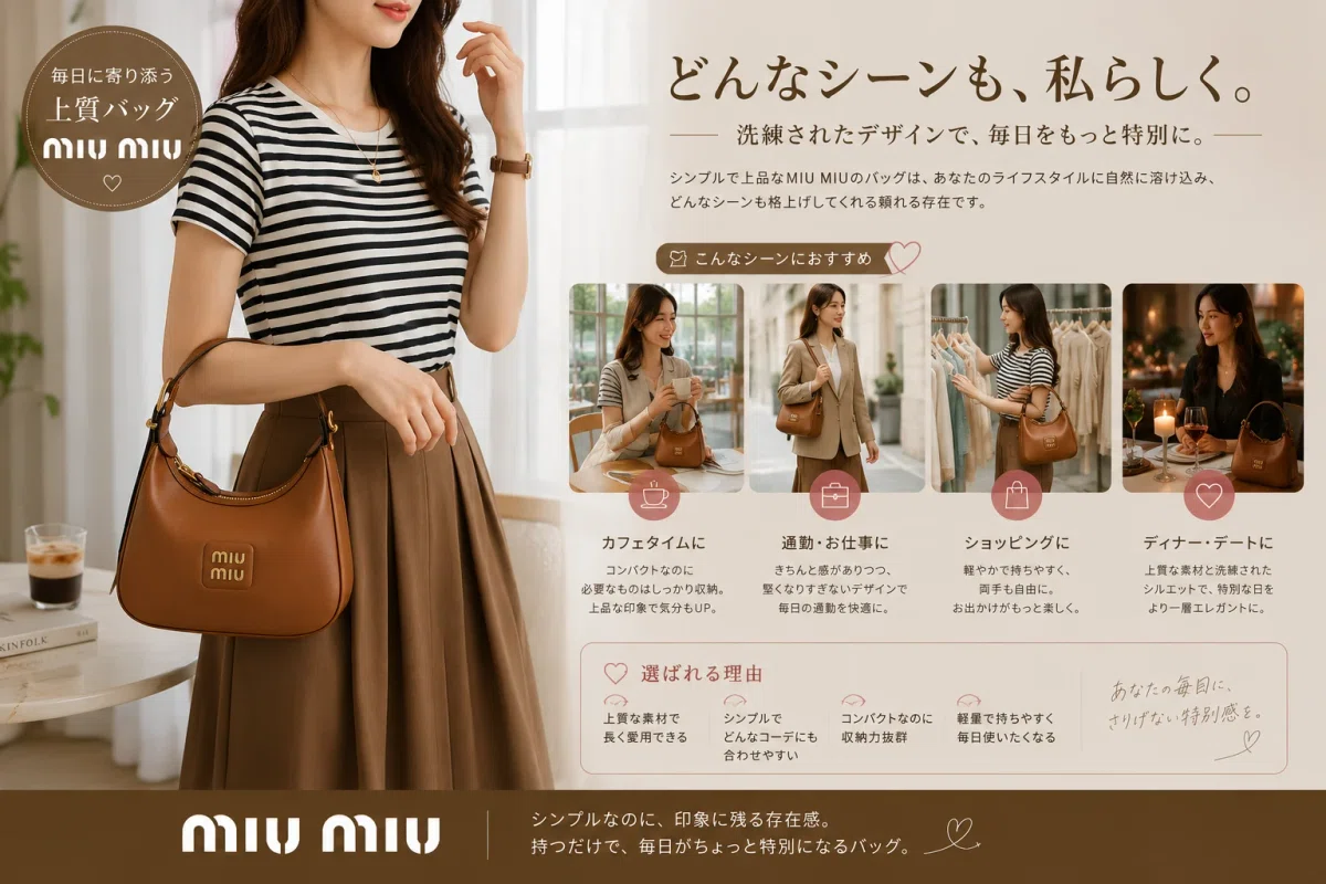 美品 miumiu レザーホーボーバッグ ブラウン レザー ミュウミュウ MIUMIU（ミュウミュウ）レザー ホーボーバッグ｜洗練されたデザインと