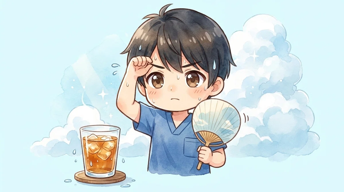 うちわであおぎ汗をぬぐう、かわいいキャラクターのイラスト