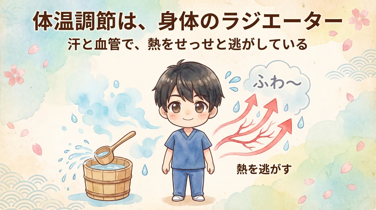 汗と血管で身体の熱を外へ逃がすしくみを説明する図