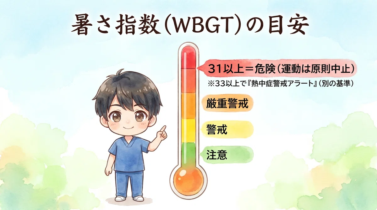 暑さ指数の目安を示すメーター図。31以上が危険、33以上で警戒アラート
