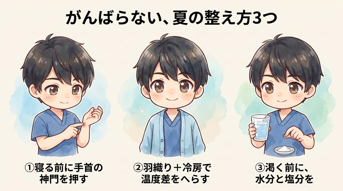 夏の養生3つ。ツボ押し・羽織り・水分と塩分を実演するイラスト