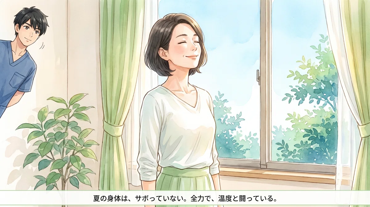 夏の朝に深呼吸する女性。身体をいたわる穏やかな情景