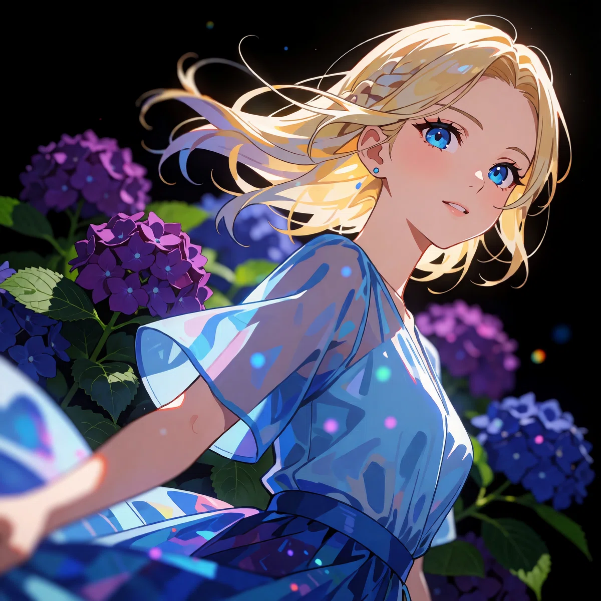 金髪の女性が紫陽花に囲まれて立っているアニメイラスト