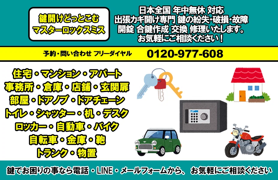 三鷹 鍵開け合鍵スペアキー作成かぎ交換カギ修理 開錠 鍵屋さん家マンション アパート車バイク自転車 金庫 三鷹市 年中無休 出張 専門