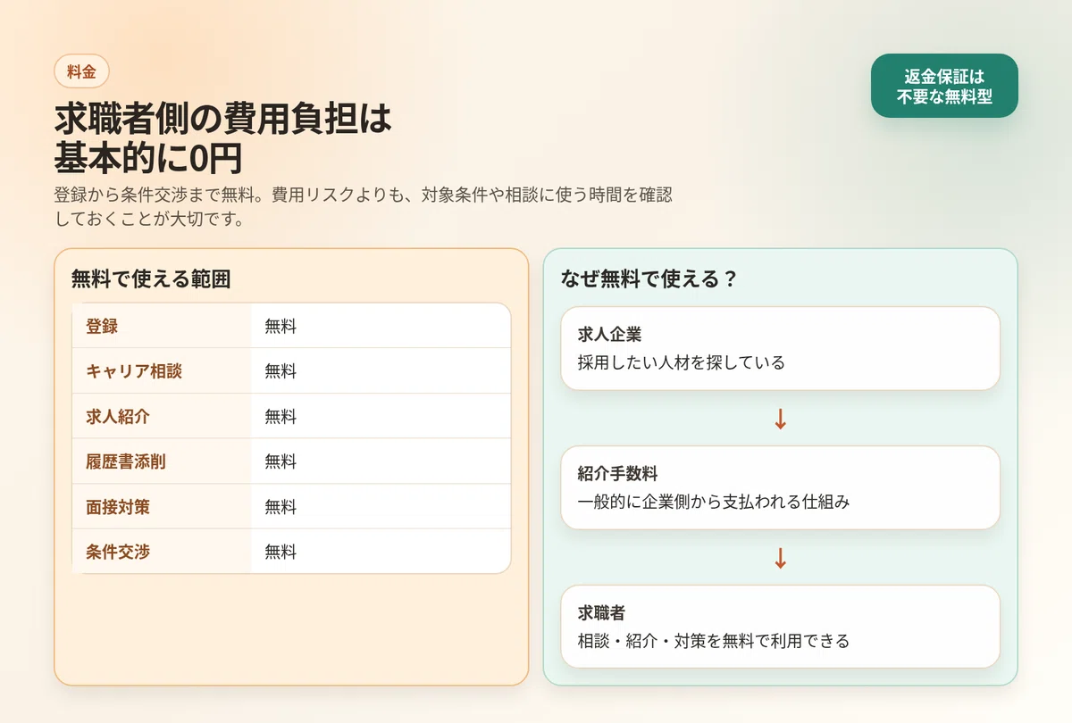 飲食店ドットコムエージェントの登録・相談・求人紹介・面接対策が無料であることを示す料金表