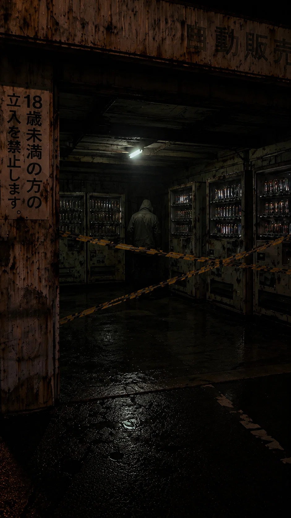 夜間の旧無人販売所跡を、立入禁止テープの外側から撮影した記録写真。入口の奥には古い自動販売機の列が見え、店内奥に橙色の非常灯のような明かりが残っている。自動販売機のさらに奥、暗い通路の先に、フード付きの上衣を着た人物の後ろ姿のような影が小さく写っている。人物は振り向いておらず、顔は確認できない。建物内には入らず、道路側から距離を取って撮影された写真のように見える。
