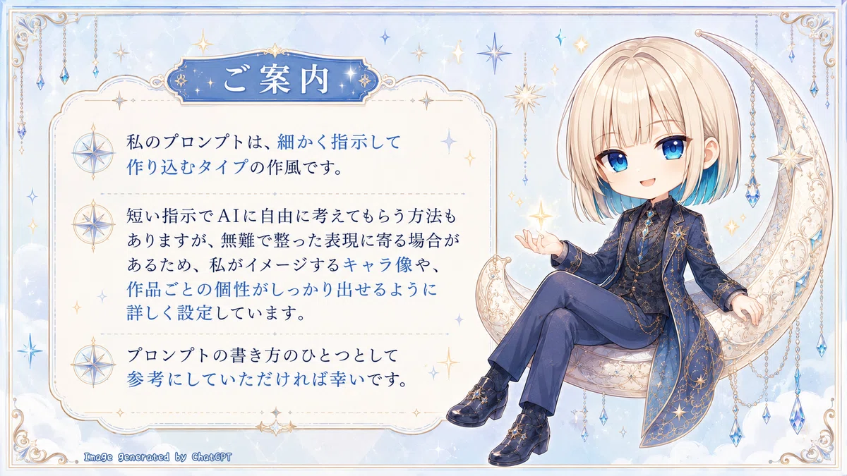 ご案内:私のプロンプトは、細かく指示して作り込むタイプの作風です。短い指示でAIに自由に考えてもらう方法もありますが、無難で整った表現に寄る場合があるため、私がイメージするキャラ像や、作品ごとの個性がしっかり出せるように詳しく設定しています。プロンプトの書き方のひとつとして参考にしていただければ幸いです。