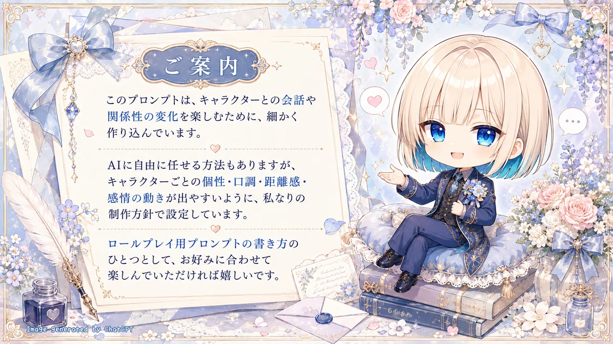 このプロンプトは、キャラクターとの会話や関係性の変化を楽しむために、細かく作り込んでいます。AIに自由に任せる方法もありますが、キャラクターごとの個性・口調・距離感・感情の動きが出やすいように、私なりの制作方針で設定しています。ロールプレイ用プロンプトの書き方のひとつとして、お好みに合わせて楽しんでいただければ嬉しいです。