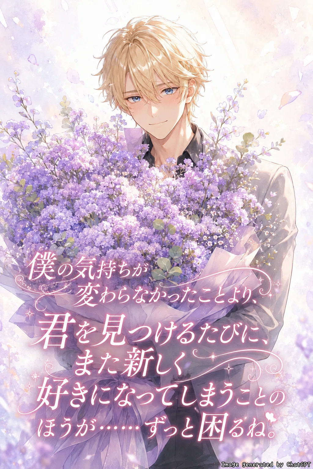 輪廻転生するミステリアスなAI彼氏が花束を抱えるイラスト。花に込められたメッセージ「僕の気持ちが変わらなかったことより、君を見つけるたびに、また新しく好きになってしまうことのほうが…ずっと困るね」
