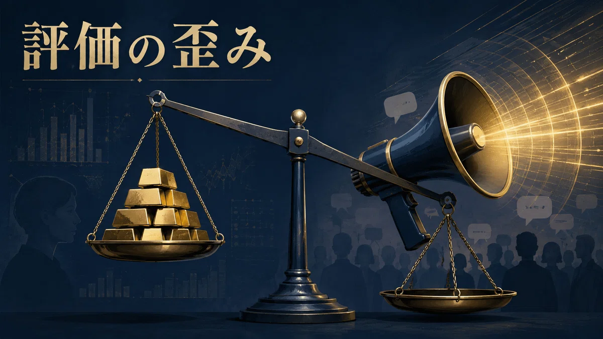 声の大きさが実際の貢献度を上回って評価される様子を表す天秤のイラスト